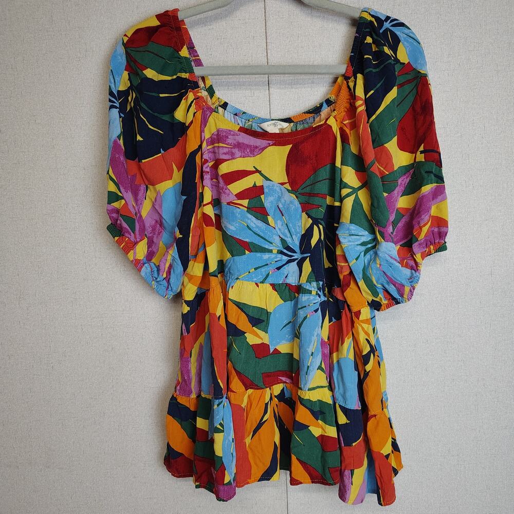 Terra & Sky 1X Tropical Tiered Babydoll Top Puff Sleeve Plus Size Maximalist